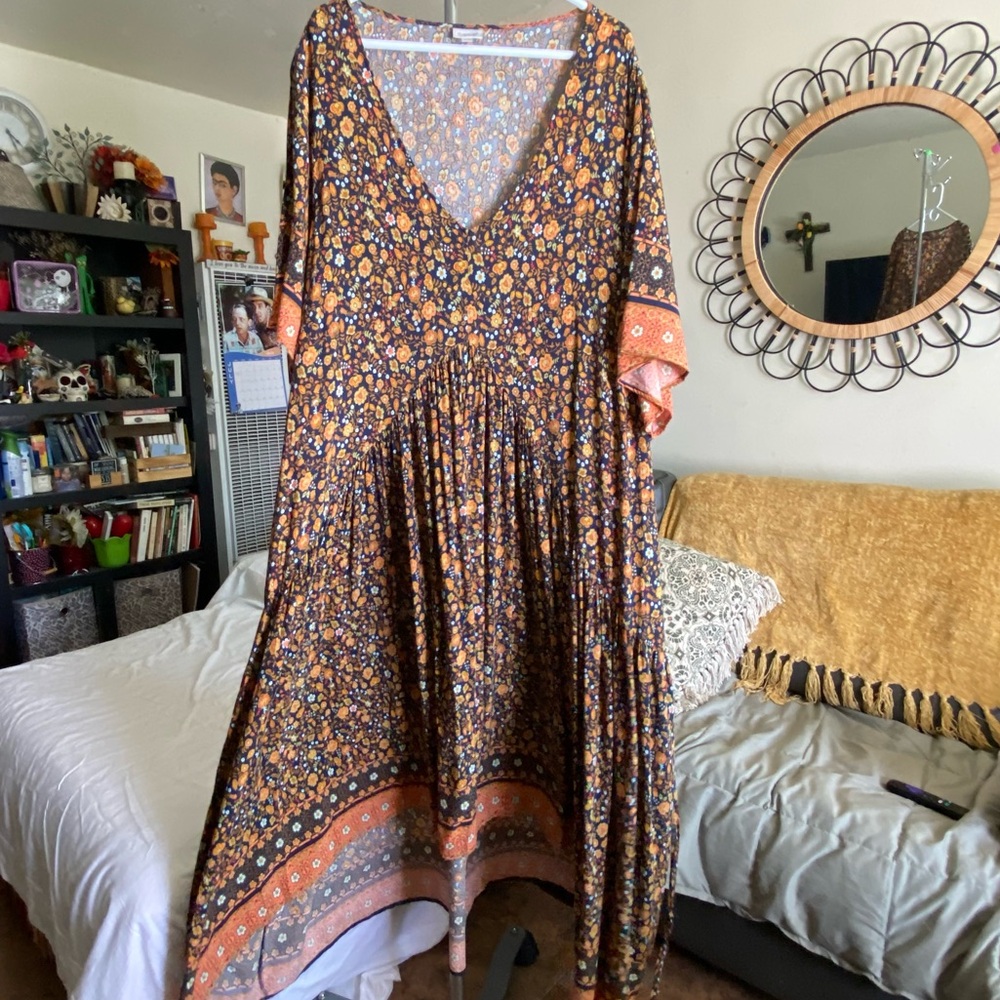 Cottagecore Black Orange Ditsy Floral Pleated Maxi Dress Tall Plus Size 26/28 - Picture 17 of 17